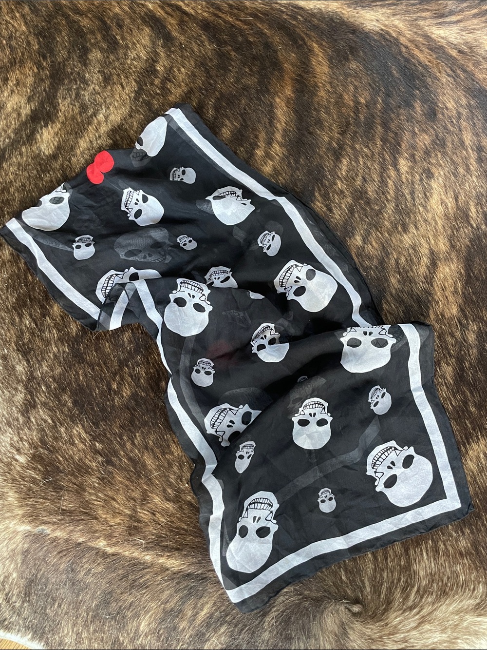 Alexander McQueen Silk Black Skull Print Bandana Scarf with Red Heart Accent